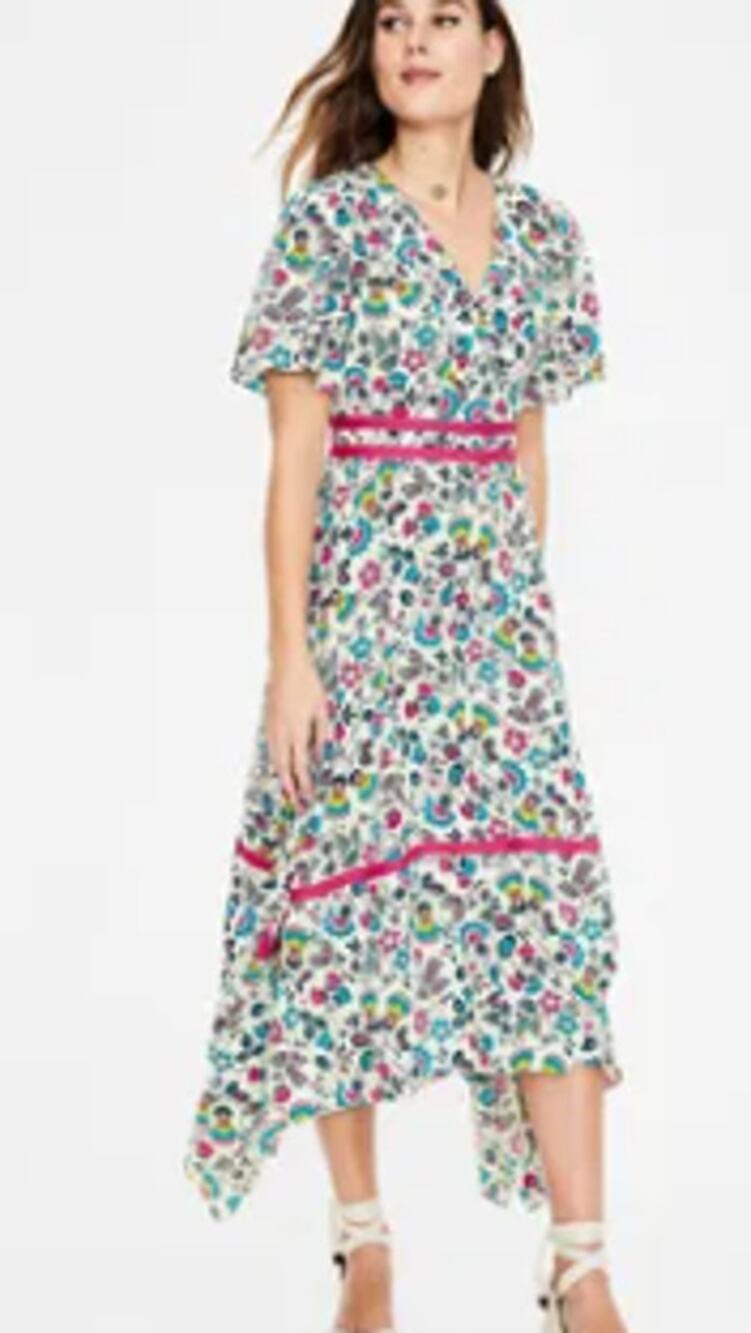 Boden Holly Hank Floral Surplice Midi Dress White Pink Blue Flutter Sleeve US 8R